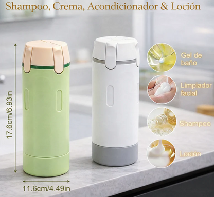 Packflow One dispensador viaje 4 en 1 medidas 17.6cm verde y blanco antigoteo
